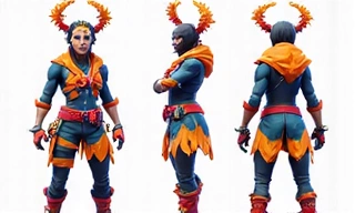 An illustration of a Fortnite outfit, displaying its full character model with vibrant colors and unique accessories. The outfit is a stylized warrior, with a dynamic pose.