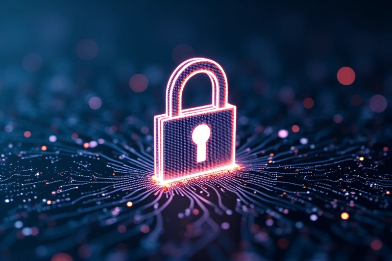 Illustration d'un cadenas numérique sécurisé sur un fond abstrait de données fluides